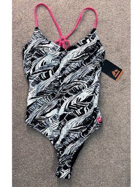 NWT! RBX One Piece Bathing Swim Suit, Strappy Back, Black White Hot Pink, Medium